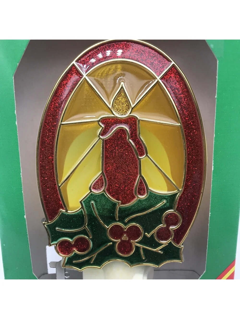 Vintage Christmas Night Light Stained Glass Candle Holly Decoration Glow Taiwan